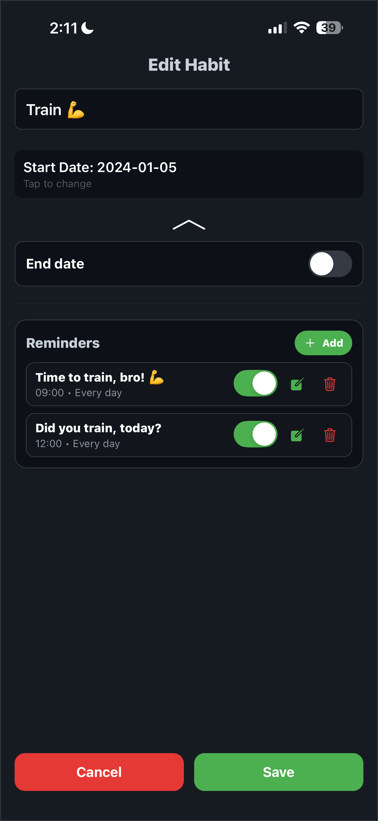 Habitao manage habits screen where reminders can be configured